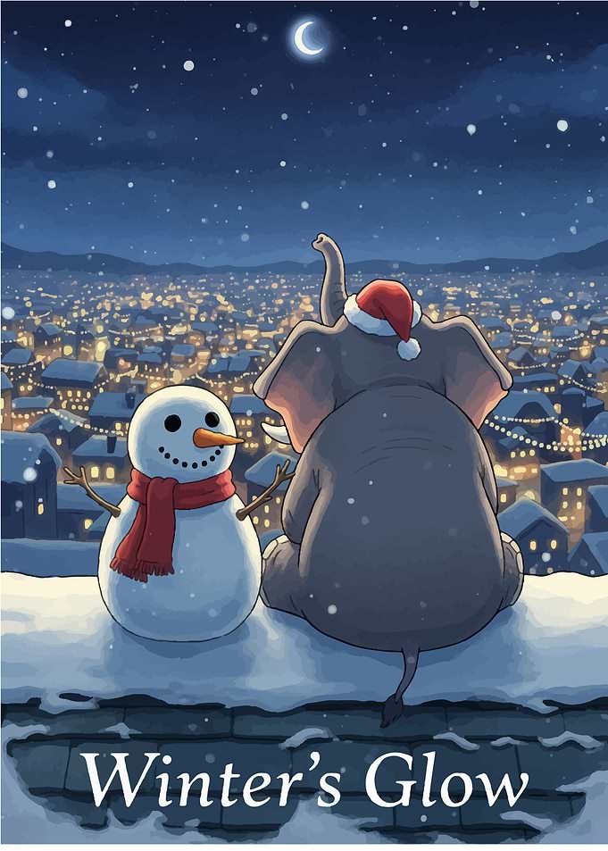 Elephant and Snowman Winter Scene