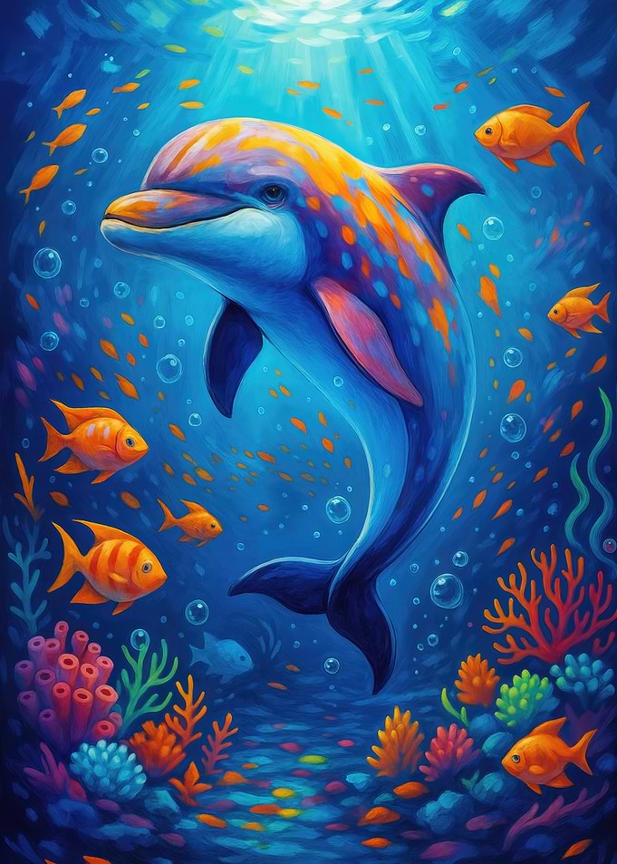 Cute Colorful Dolphin in Ocean Scene