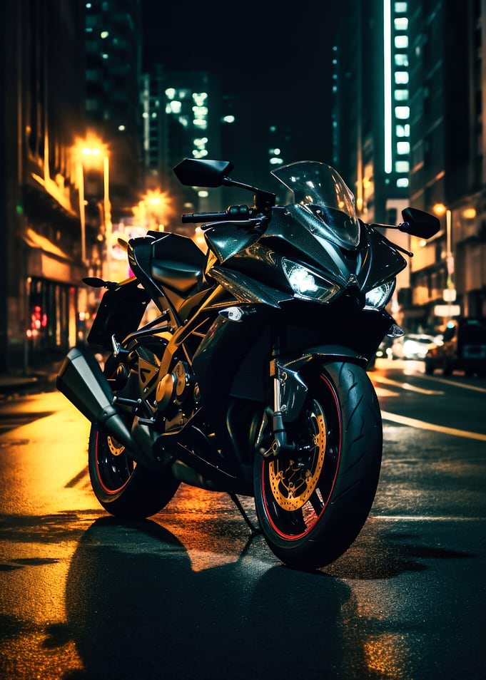Motorcycle on City Street at Night