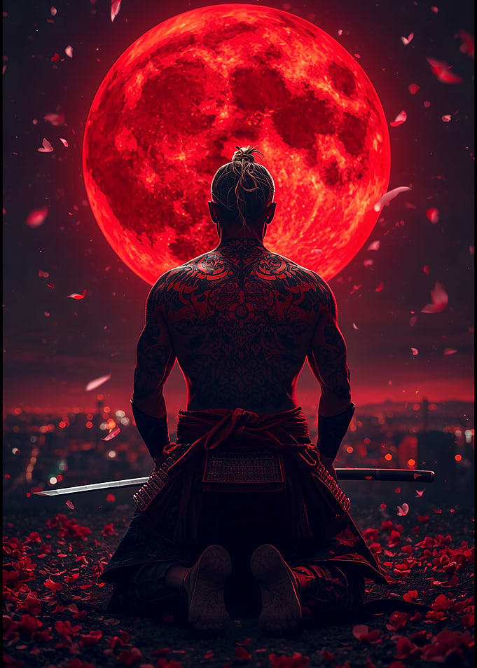 Tattooed Warrior Samurai under the Red Moon