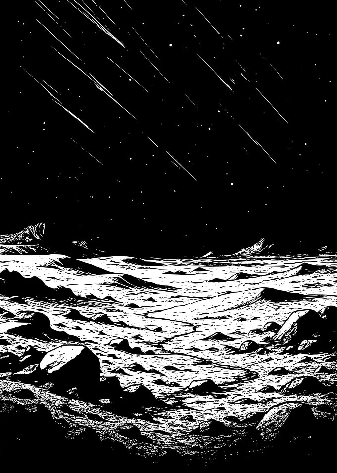 Monochrome Lunar Landscape with Meteor Shower
