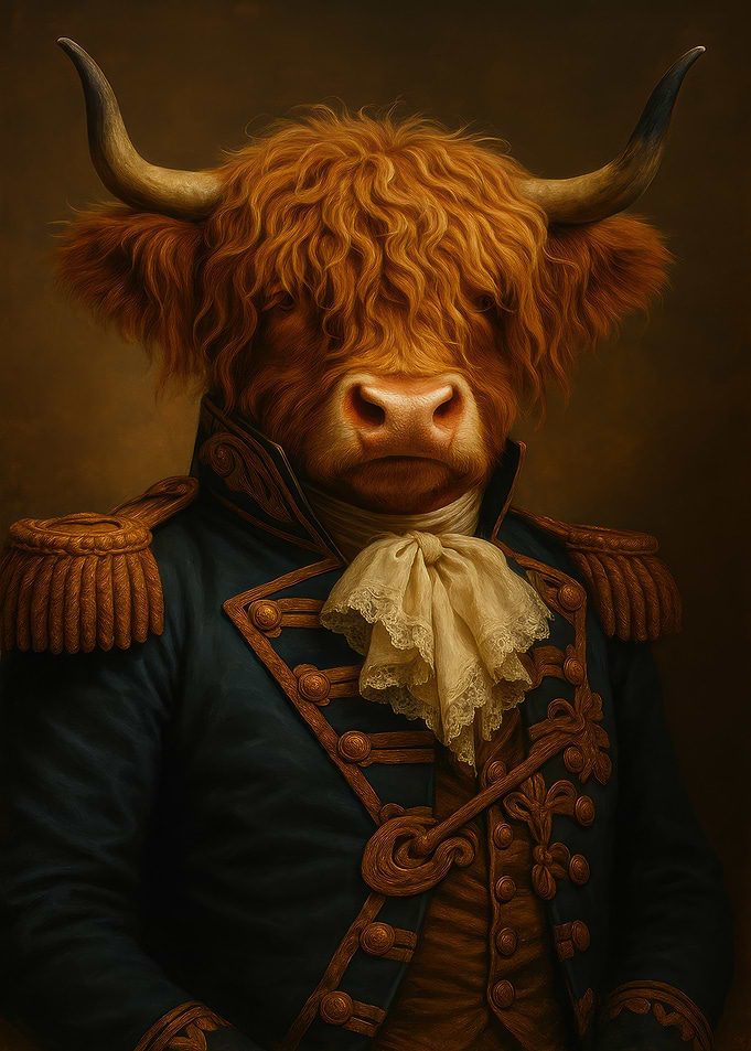Highland Cow Portrait in Military Uniform