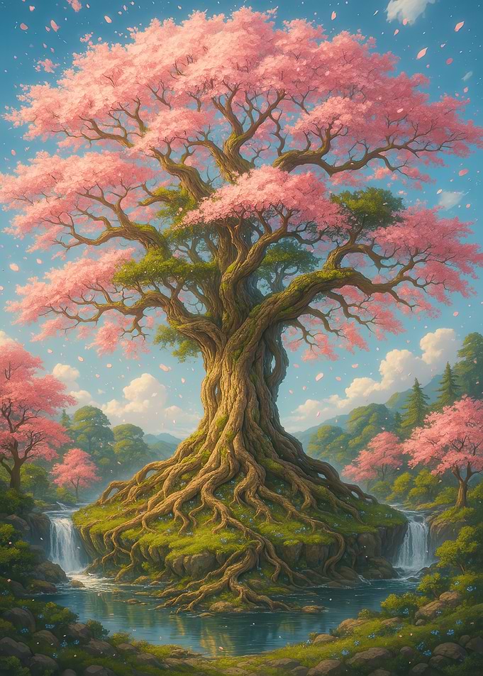 Cherry Blossom Tree Island Waterfall Landscape