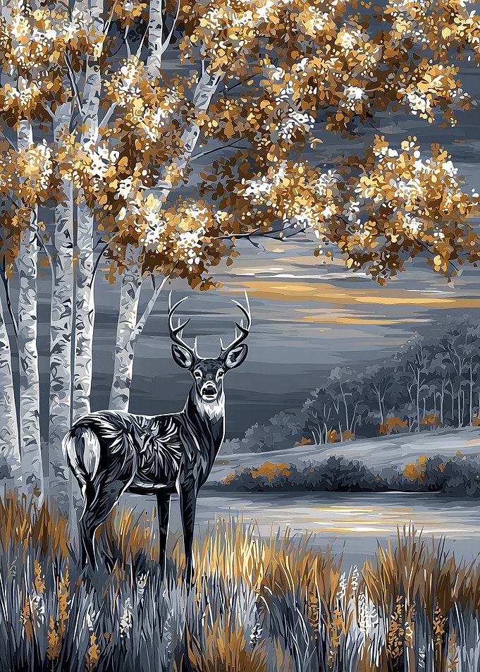 Deer in Autumn Landscape Painting