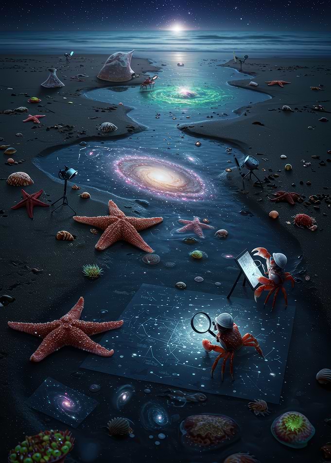 Crabs studying galaxies on a beach