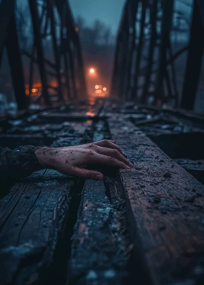 Hand on a bridge in the fog