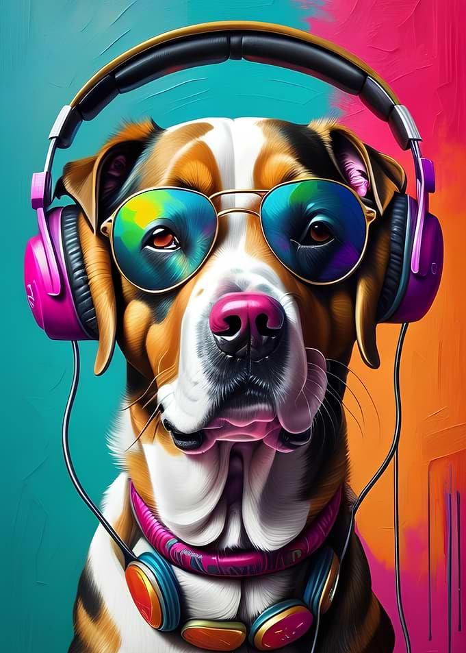 Dog with Headphones and Sunglasses