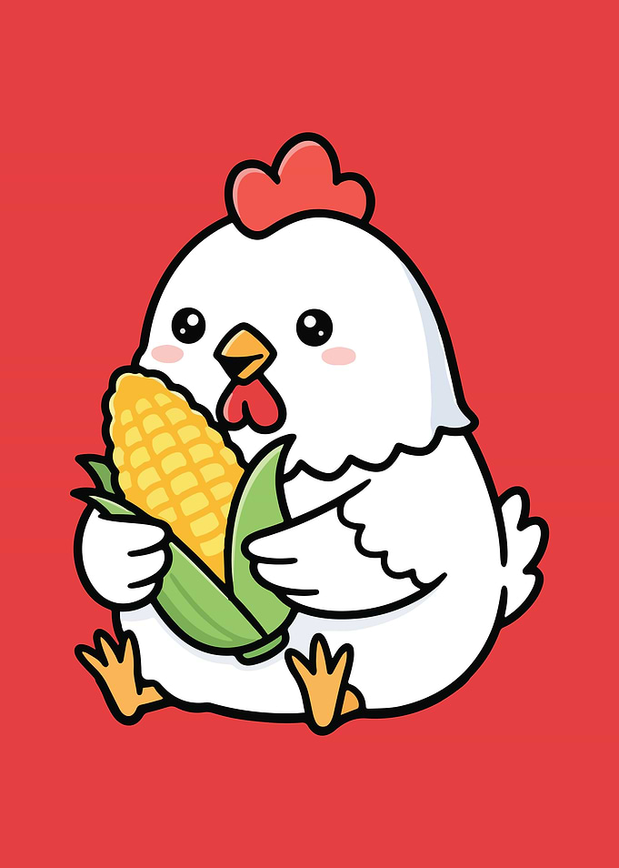 Cute Chicken Eating Corn Cartoon Illustration
