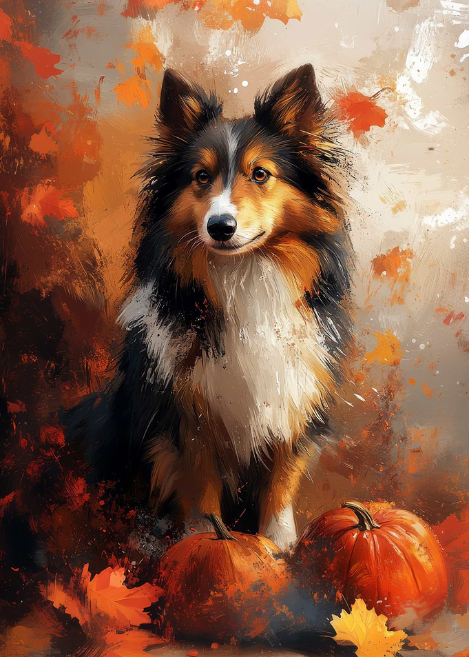 Dog with Pumpkins Autumn Painting | Fall Shetland Sheepdog Portrait