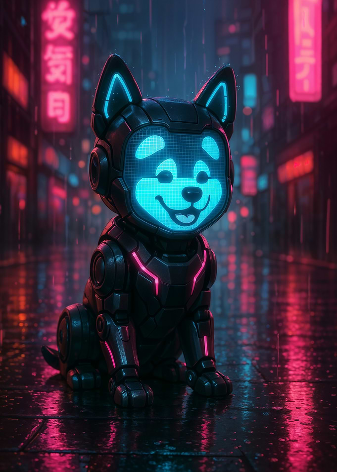 Cute Cyberpunk Robot Dog in Neon City Rain