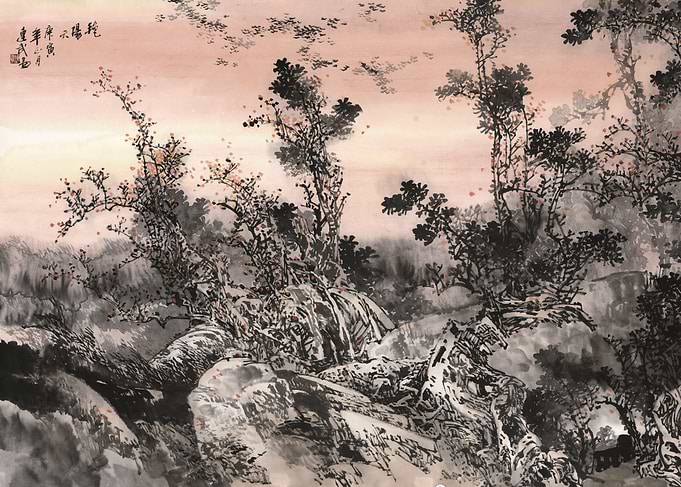 Chinese Landscape Painting with Trees and Mountains