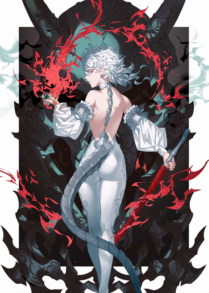 White-haired warrior with red energy