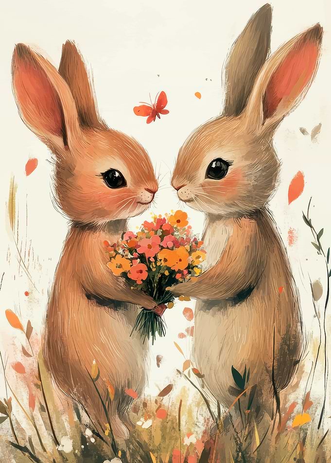 Two Rabbits with Flowers and Butterfly