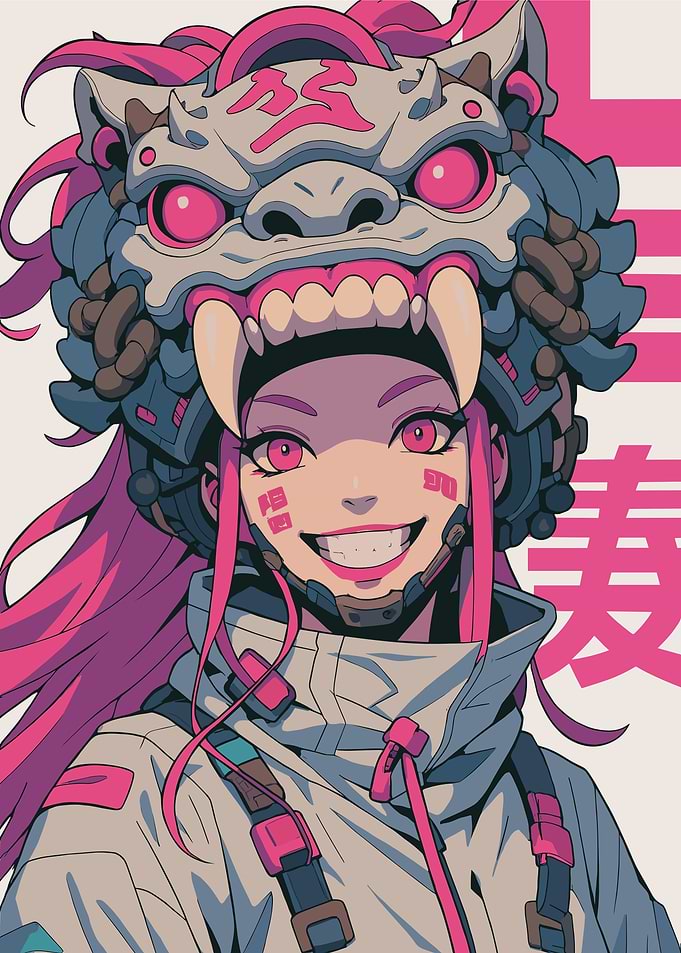 Cyberpunk Girl with Lion Mask