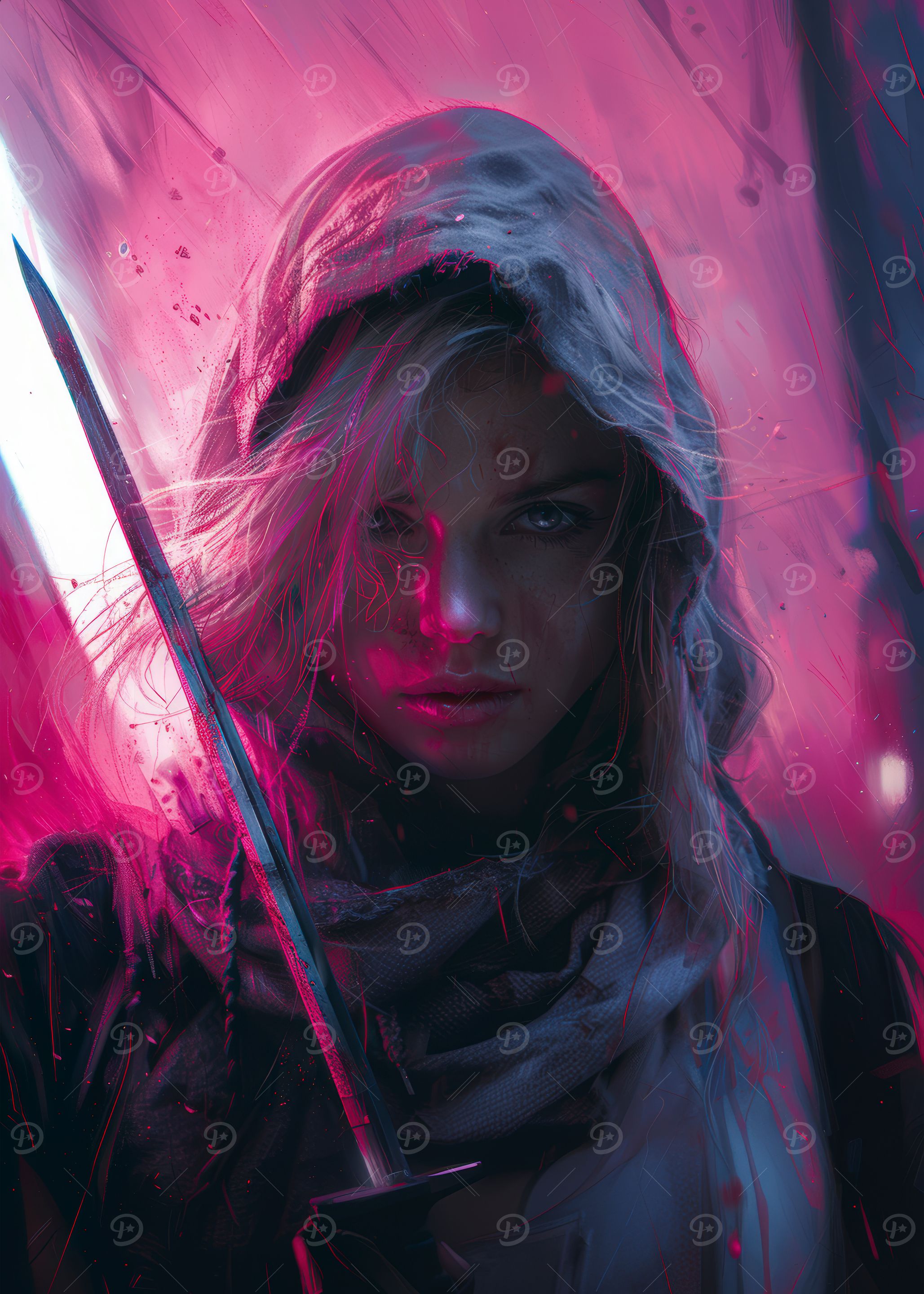 Hooded Warrior with Sword in Pink Light