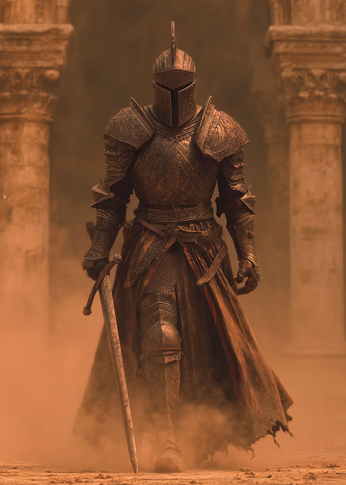 Armored Knight with Sword in Ruins