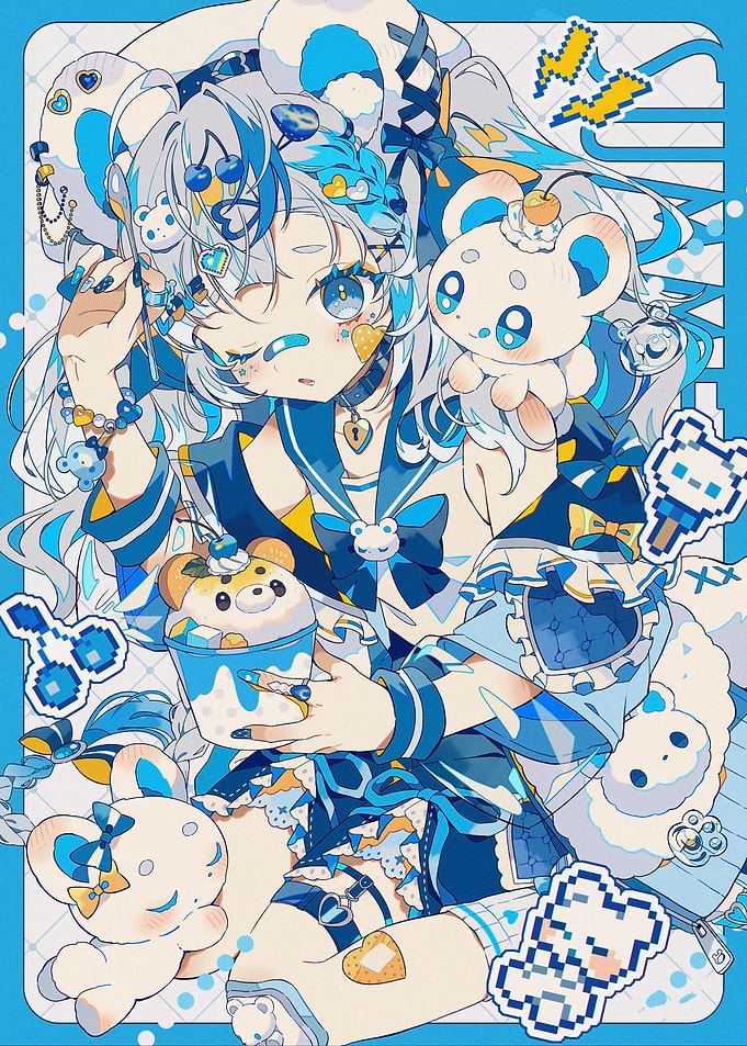 Blue Anime Girl with Bear Theme