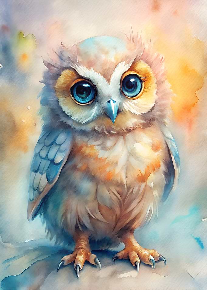 Watercolor Owl with Big Blue Eyes