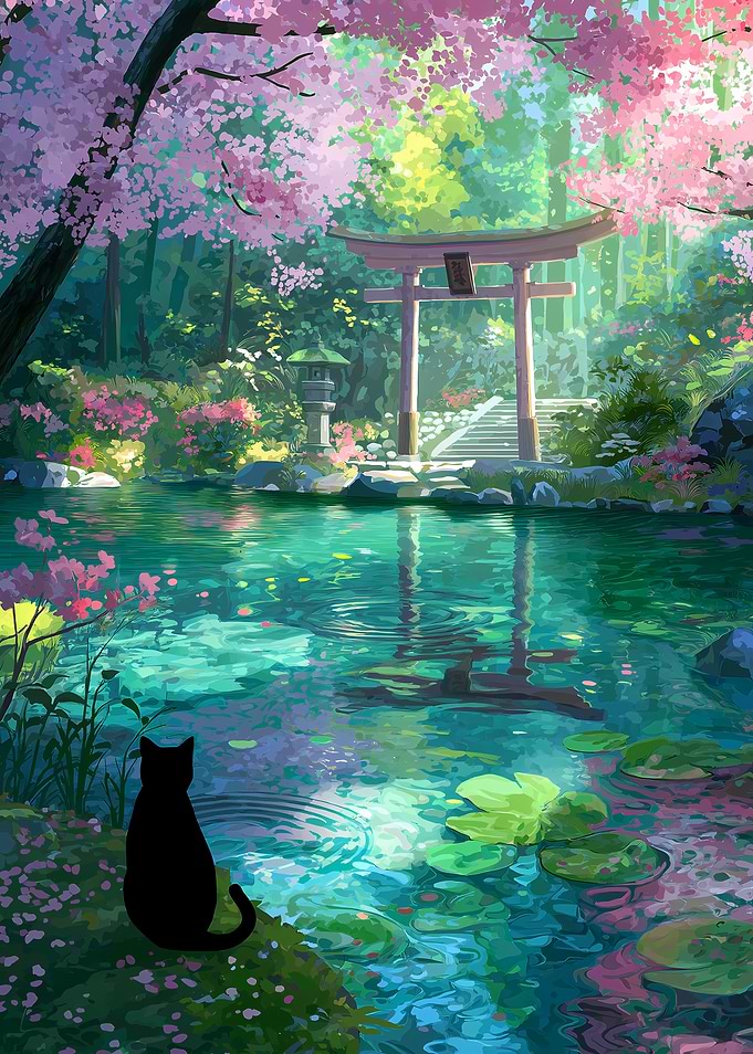 Black cat at Shrine Cherry Blossom Pond