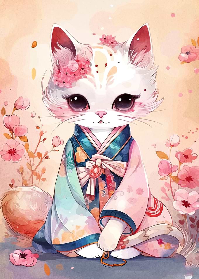 Cute Cat in Kimono with Cherry Blossoms
