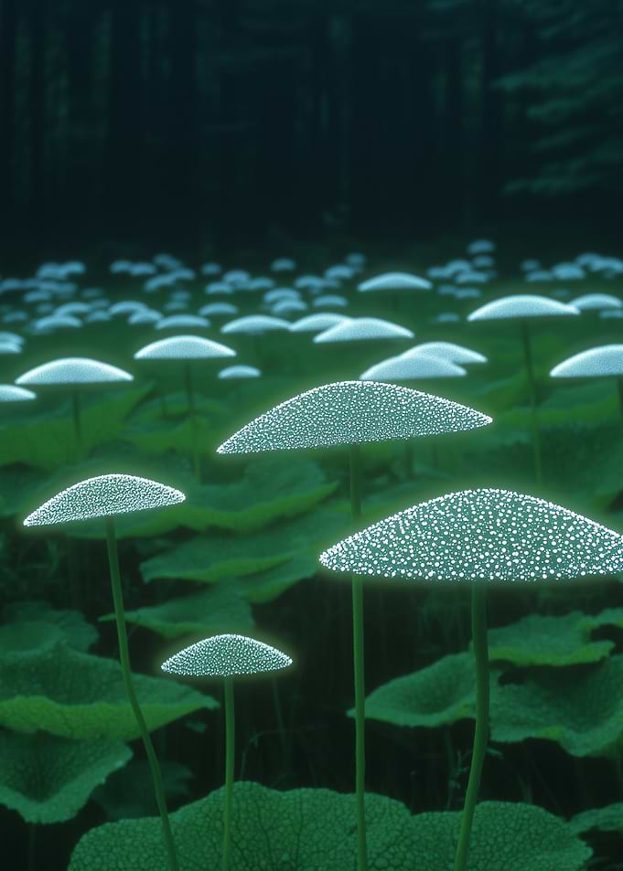 Field of Luminous Mushrooms in Forest