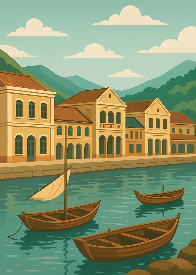 Coastal Town with Boats Illustration