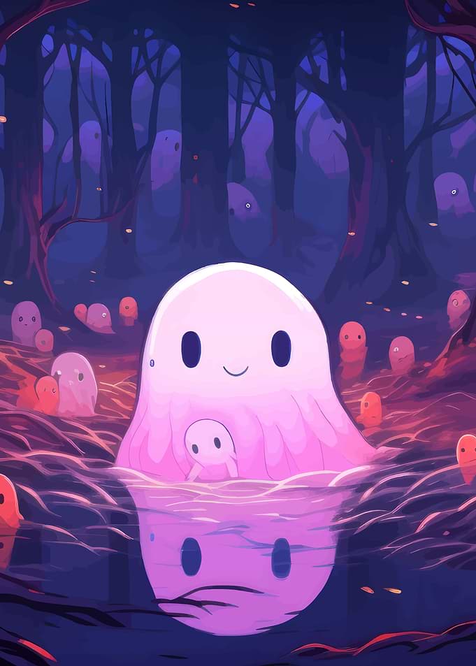 Cute Ghosts in a Spooky Forest