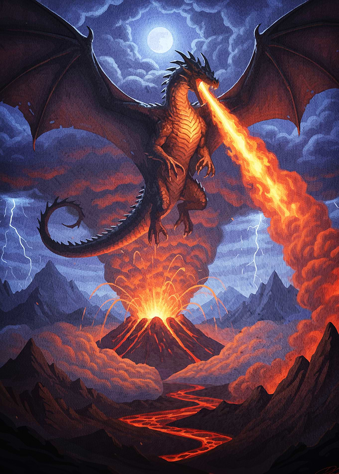 Dragon fiery breath erupting volcano