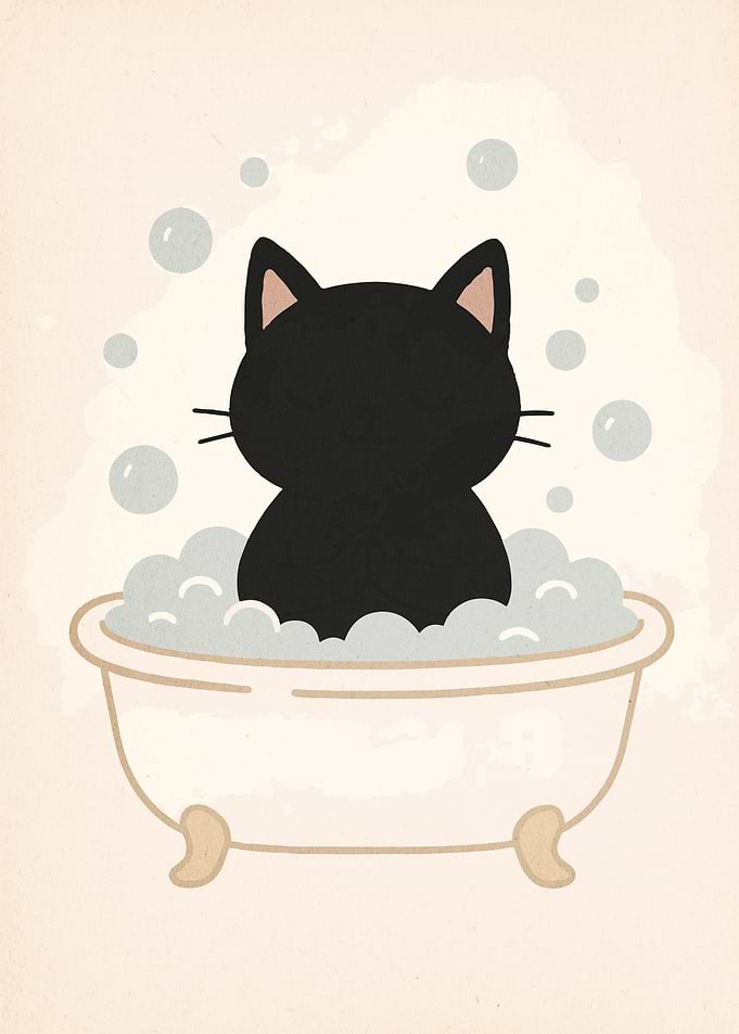 Black Cat in Bathtub Illustration