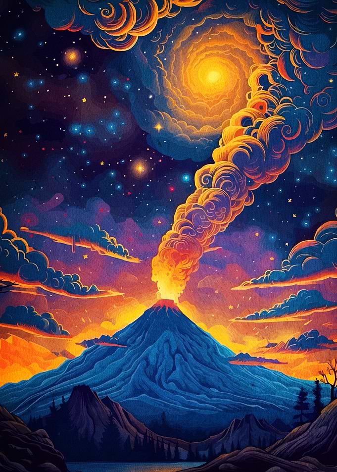 Volcano Eruption Starry Night Sky