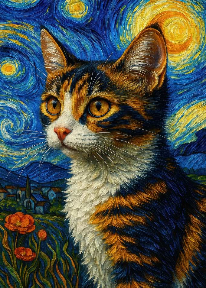 Calico Cat in Starry Night Style