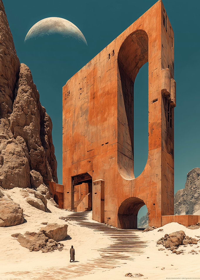 Desert Monument with Figure and Moon