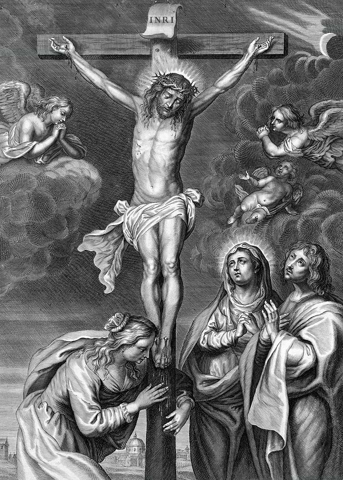 Crucifixion engraving with angels and mourners