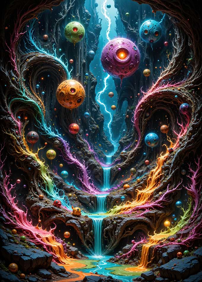 Colorful Abstract Landscape with Floating Orbs
