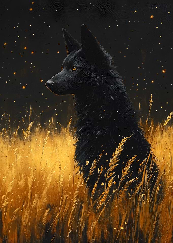 Black Wolf in Golden Field