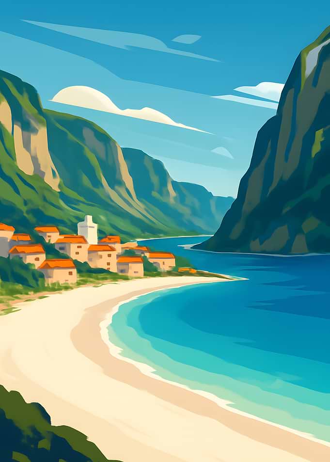 Coastal Village Landscape with Turquoise Water