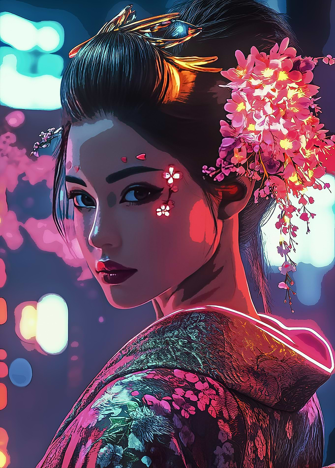 Geisha with Cherry Blossoms Digital Art