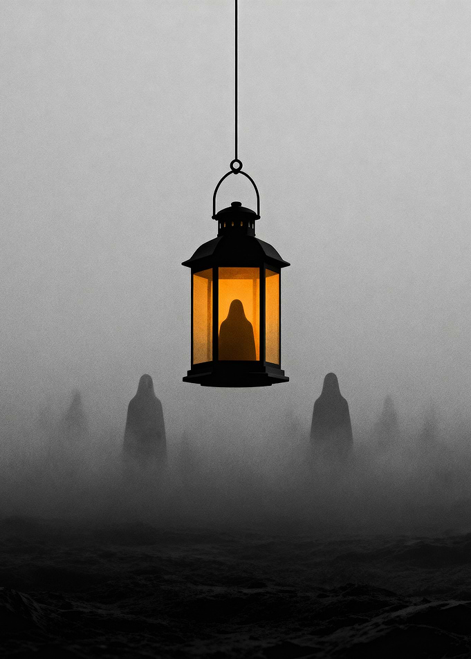 Lantern in Fog with Cloaked Figures