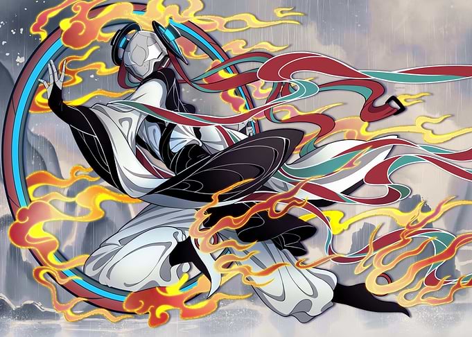 Abstract Figure with Flames and Ribbons