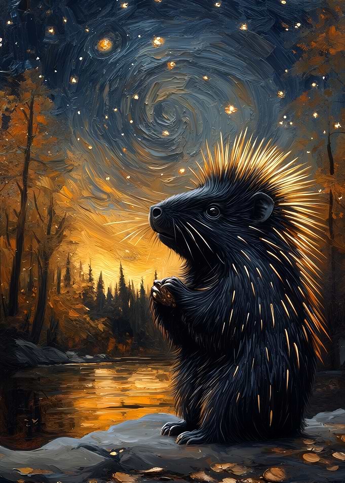 Porcupine under starry night sky painting