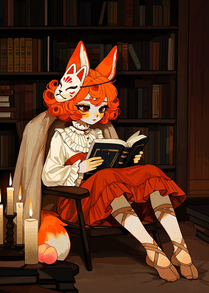 Fox Girl Reading in Library
