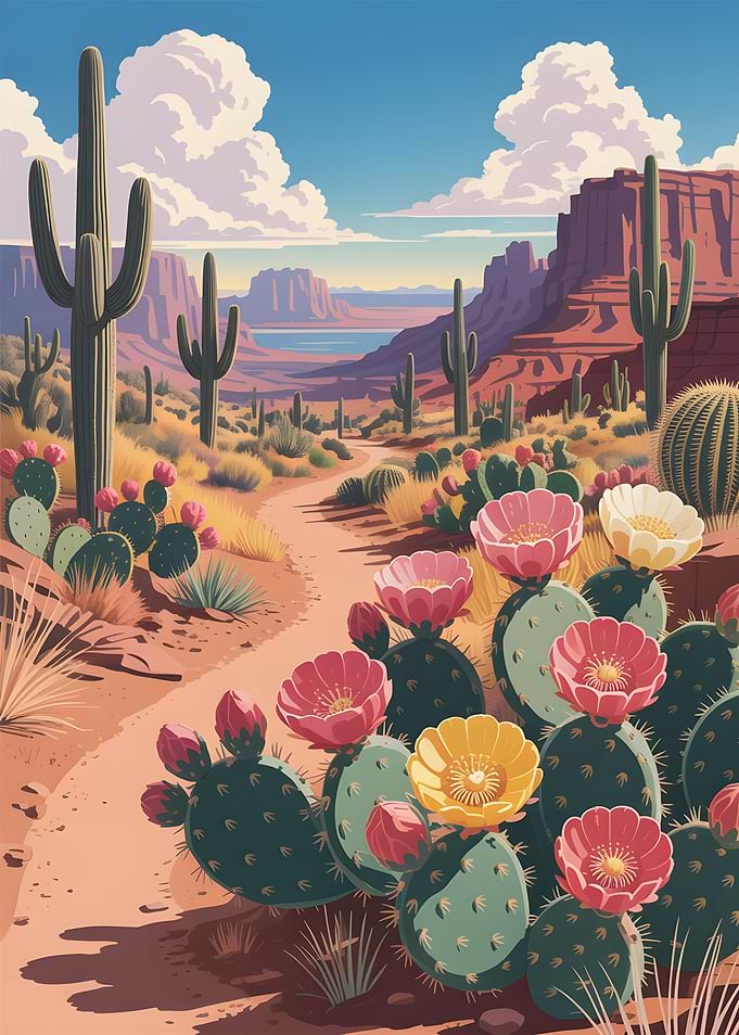 Blooming Desert Trail Stunning Cacti and Wildflowers in Full Bloom
