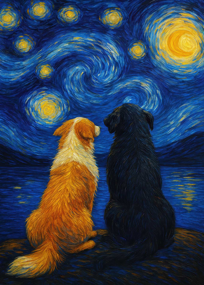 Dogs under Starry Night Sky