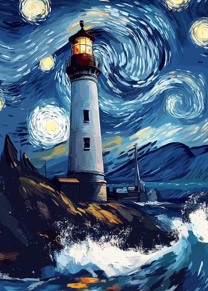 Lighthouse Starry Night Painting