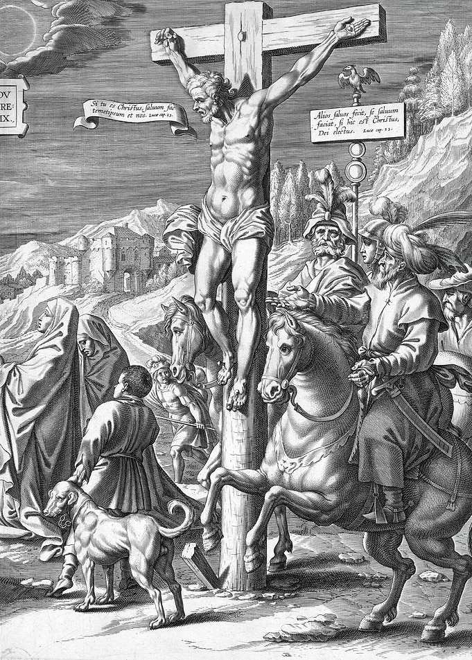 Crucifixion Engraving: Jesus, Soldiers, Mourners