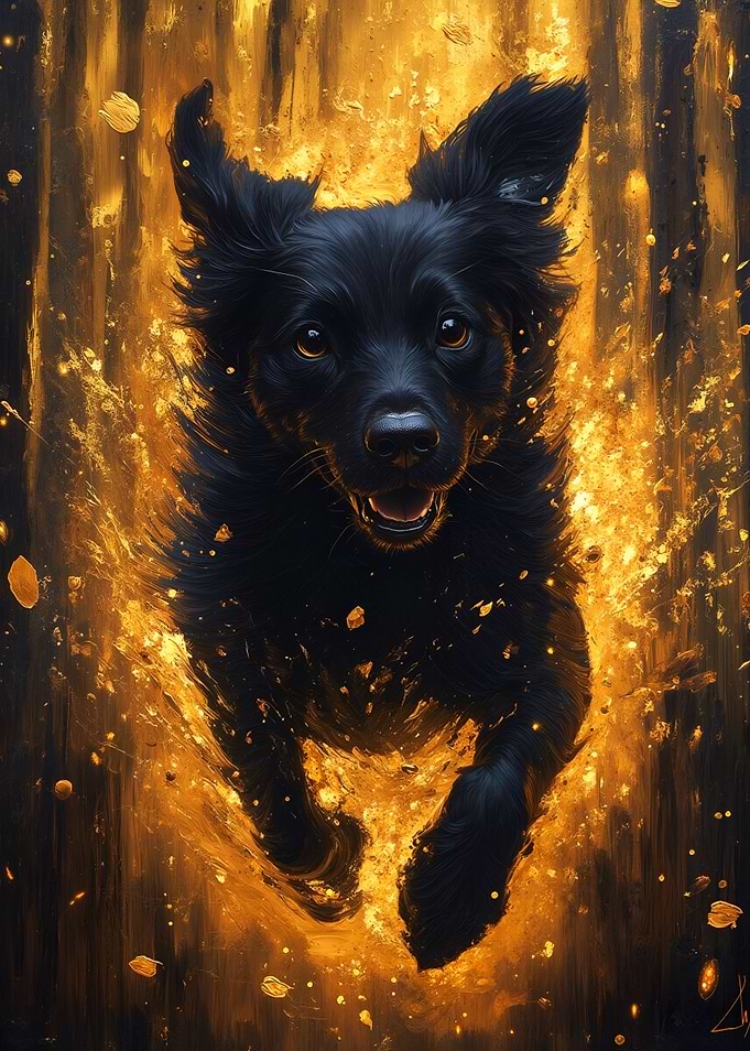 Energetic Black Dog Portrait with Gold