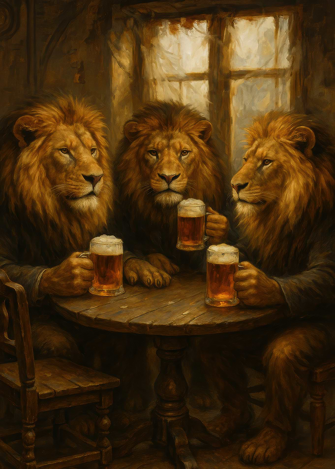 Lions Drinking Beer at a Table