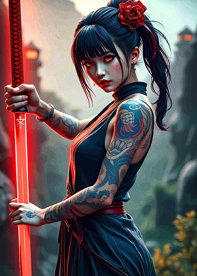 Tattooed Warrior with Red Katana