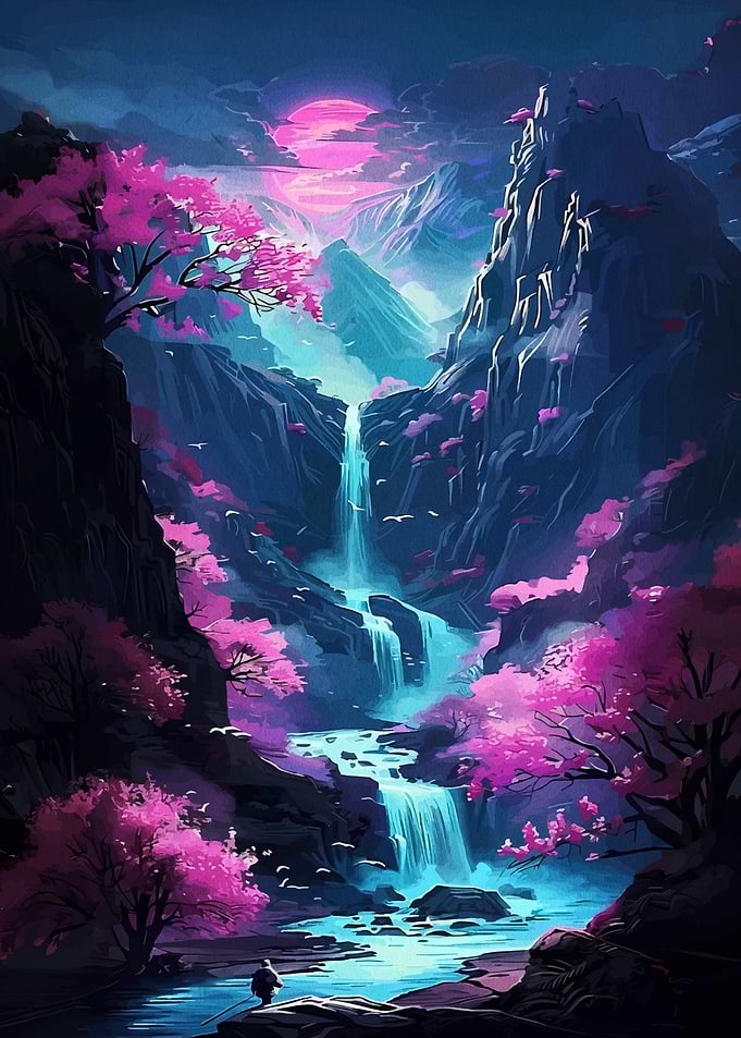 Fantasy Waterfall Landscape with Cherry Blossoms
