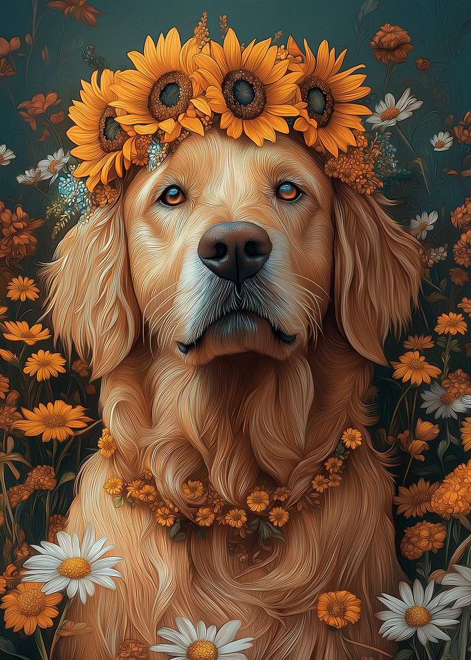 Golden Retriever with Sunflower Crown